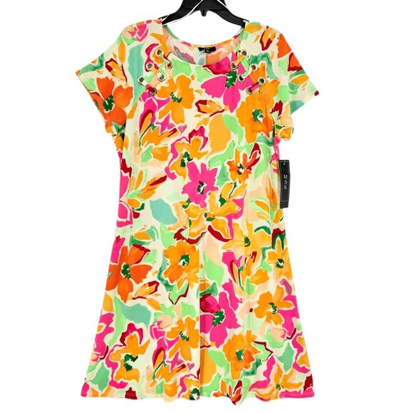 MSK Womens Pullover Stretch Ivory Multi Floral Print Short Sleeve Dress Sz L NWT - Picture 2 of 13